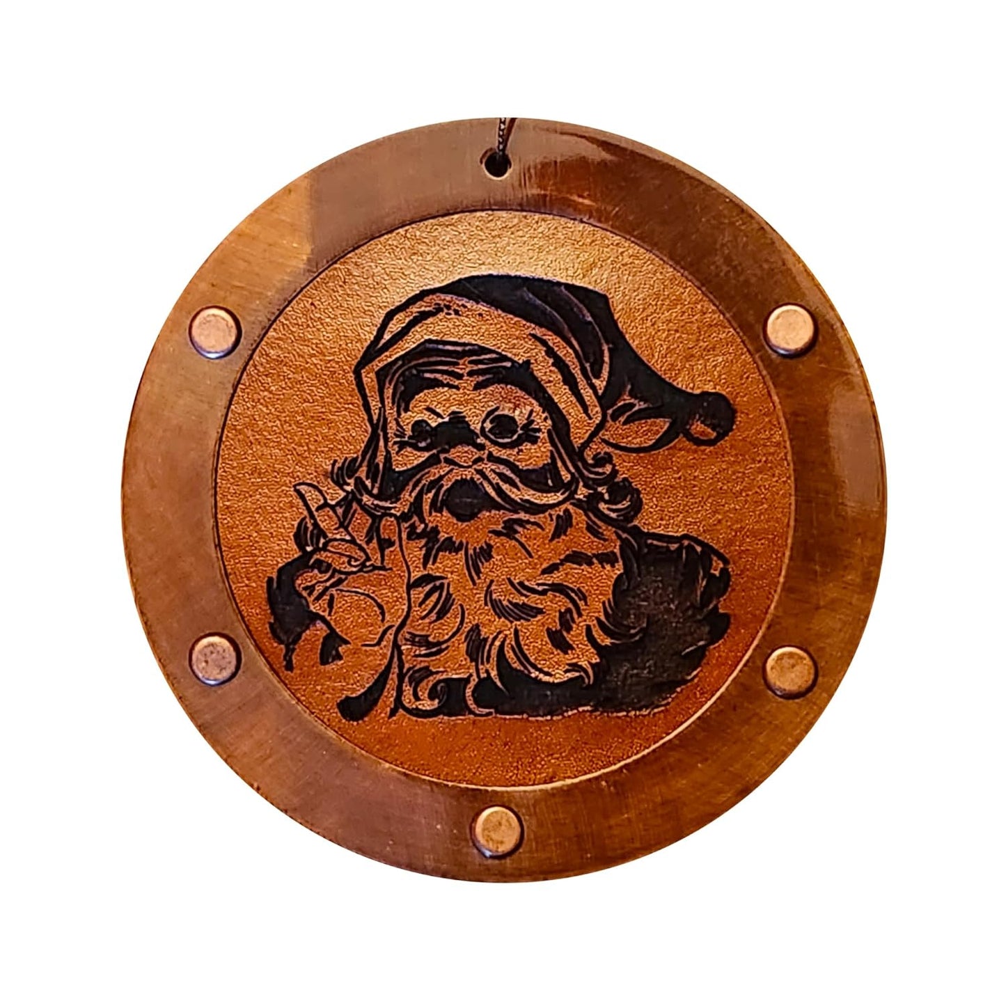 Artisan Vintage Christmas Ornament by Chevelon Goods - Hand Finished 4" Leather and Steel, Copper Patina, Engraved Santa with Holly, Rustic Charm