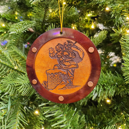 Artisan Vintage Christmas Ornament by Chevelon Goods - Hand Finished 4" Leather and Steel, Copper Patina, Engraved Santa with Holly, Rustic Charm